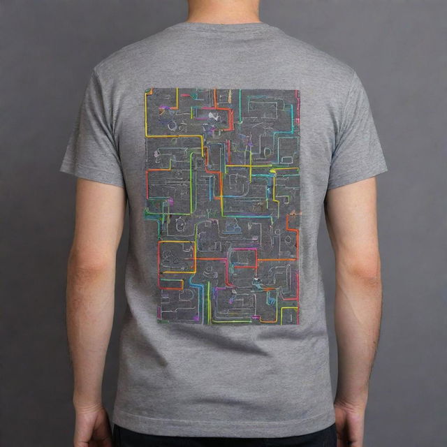 Create a neon, artsy design on the back of a gray t-shirt representing the theme of electronics engineering. The design should combine electronic components and abstract shapes in bright neon colors, offering a modern and creative touch.