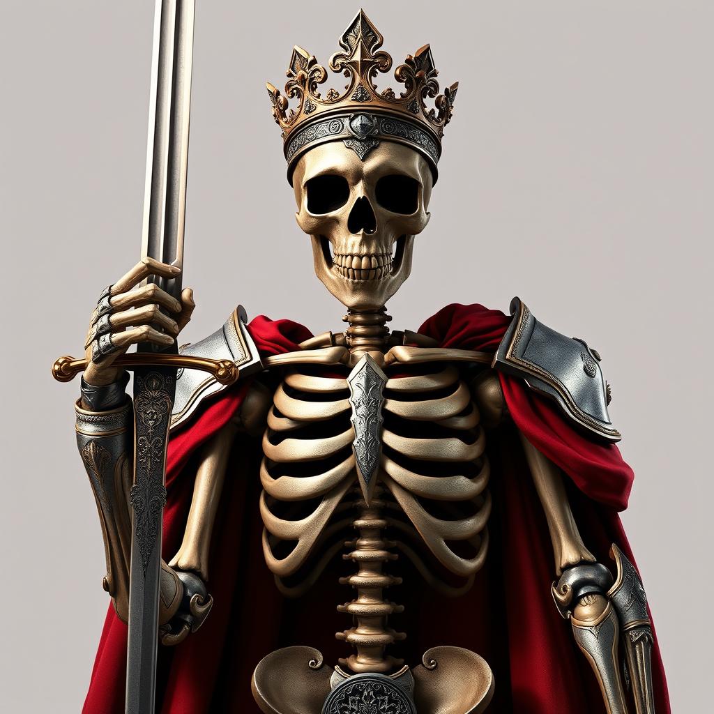 A hyper-realistic full view illustration of an armored skeleton, facing frontwards