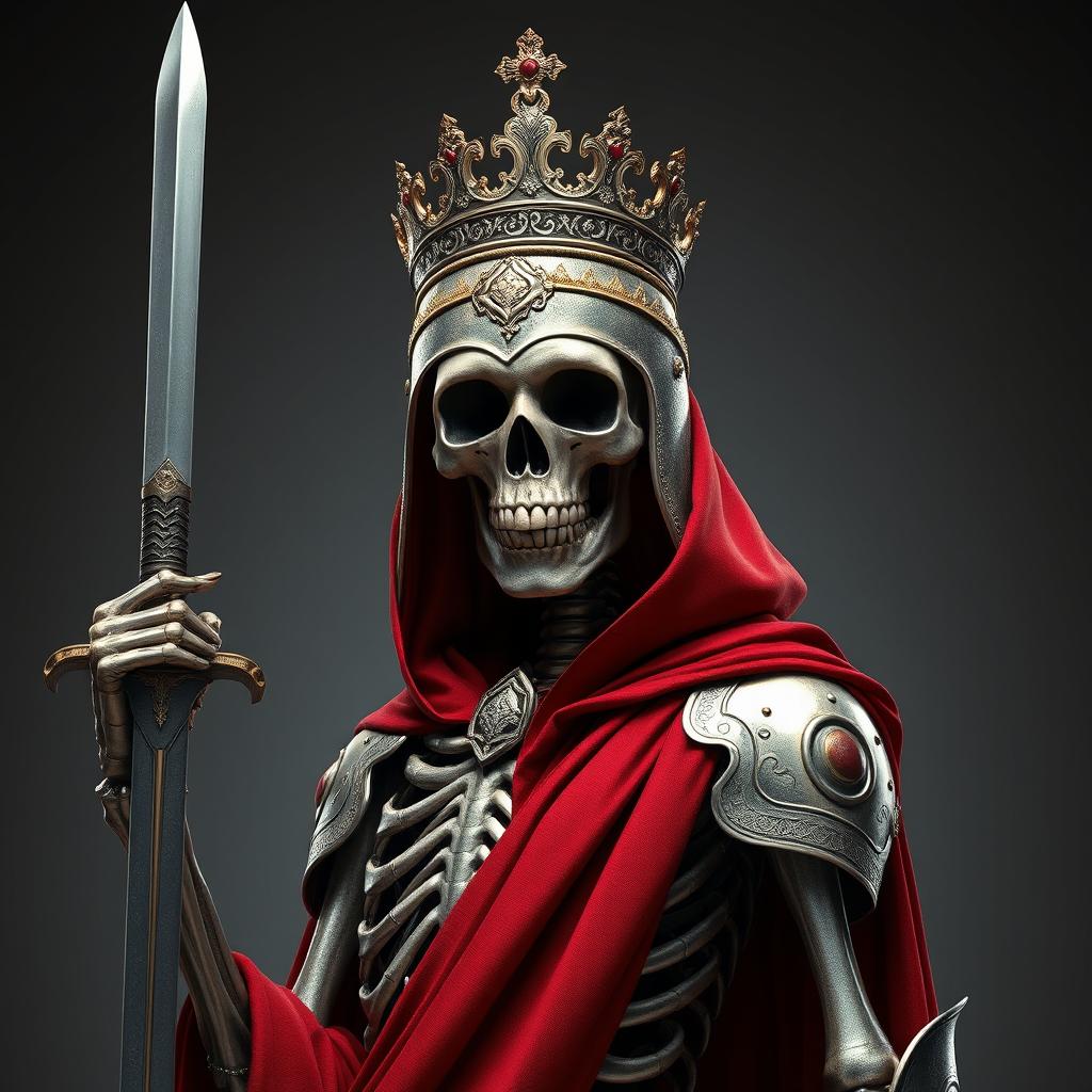 A hyper-realistic full view illustration of an armored skeleton, facing frontwards