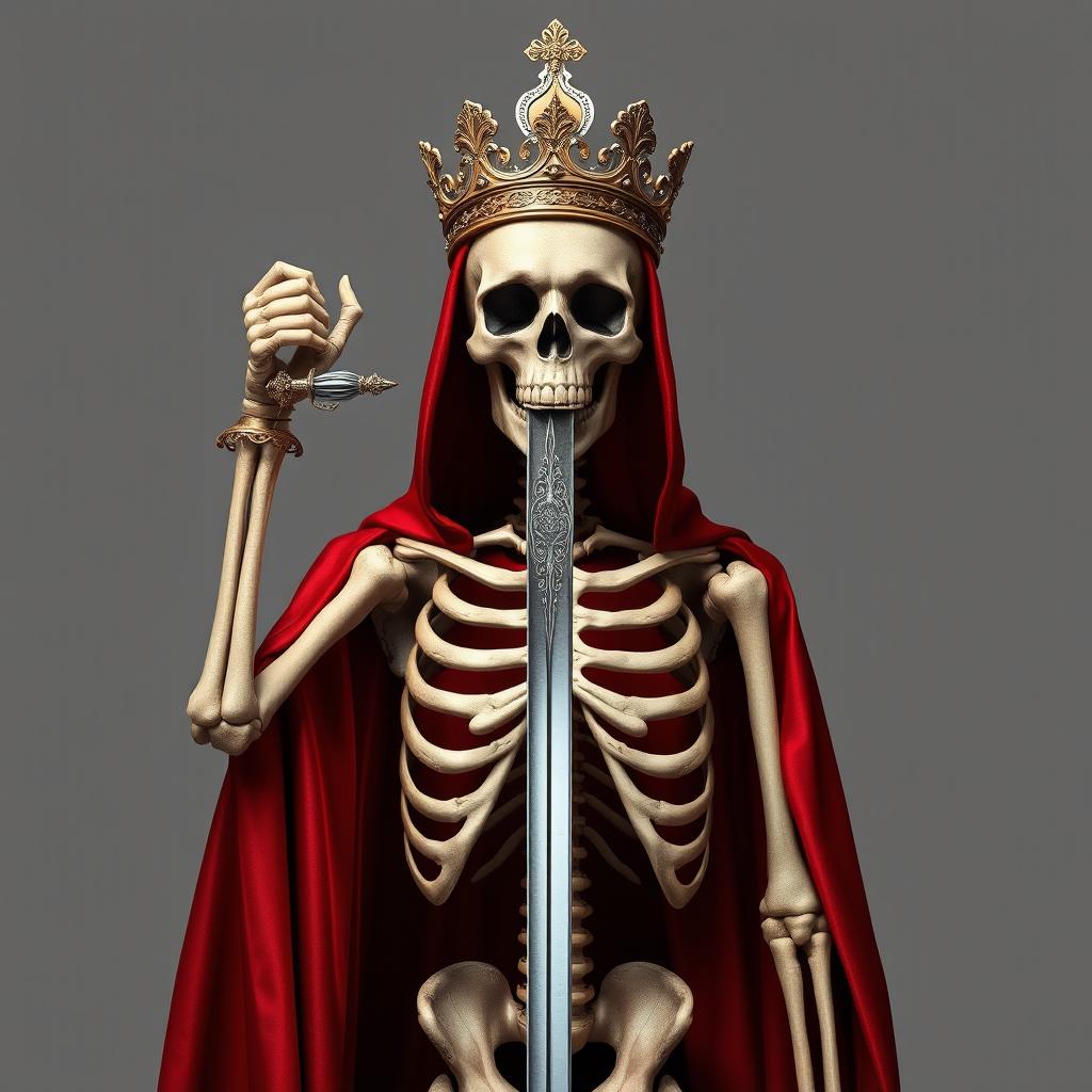 A hyper-realistic, full view illustration of a skeleton facing frontwards, embellished with an ornate crown atop its skull