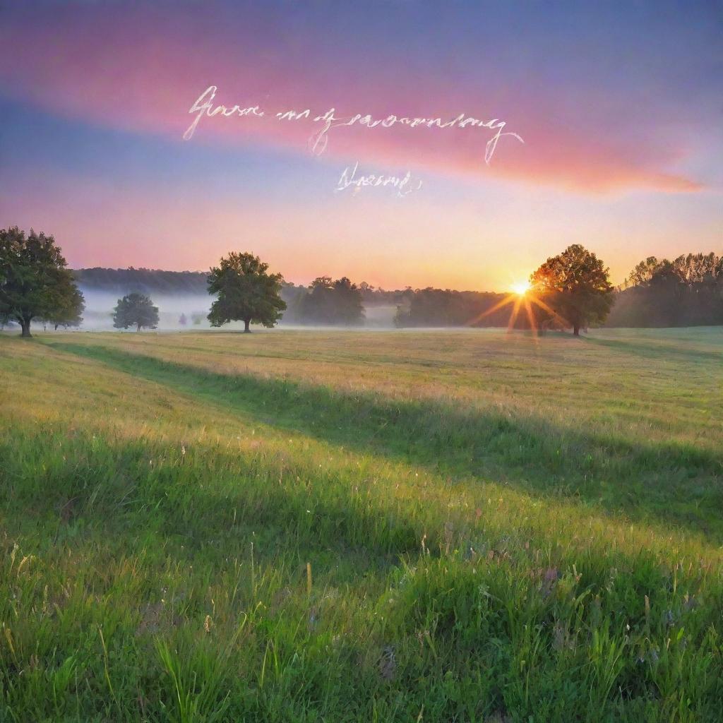 A scenic sunrise over a peaceful meadow, with dew glistening on the grass. A handwritten 'Good Morning' message floats in the vividly colorful sky.