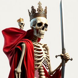 A hyper-realistic, full view illustration of a skeleton facing frontwards, embellished with an ornate crown atop its skull