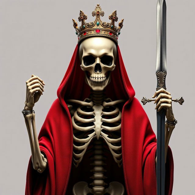 A hyper-realistic, full view illustration of a skeleton facing frontwards, embellished with an ornate crown atop its skull