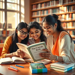 Three Indian girls intensely reading a book titled 'The Friends Book' inside a vibrant college library