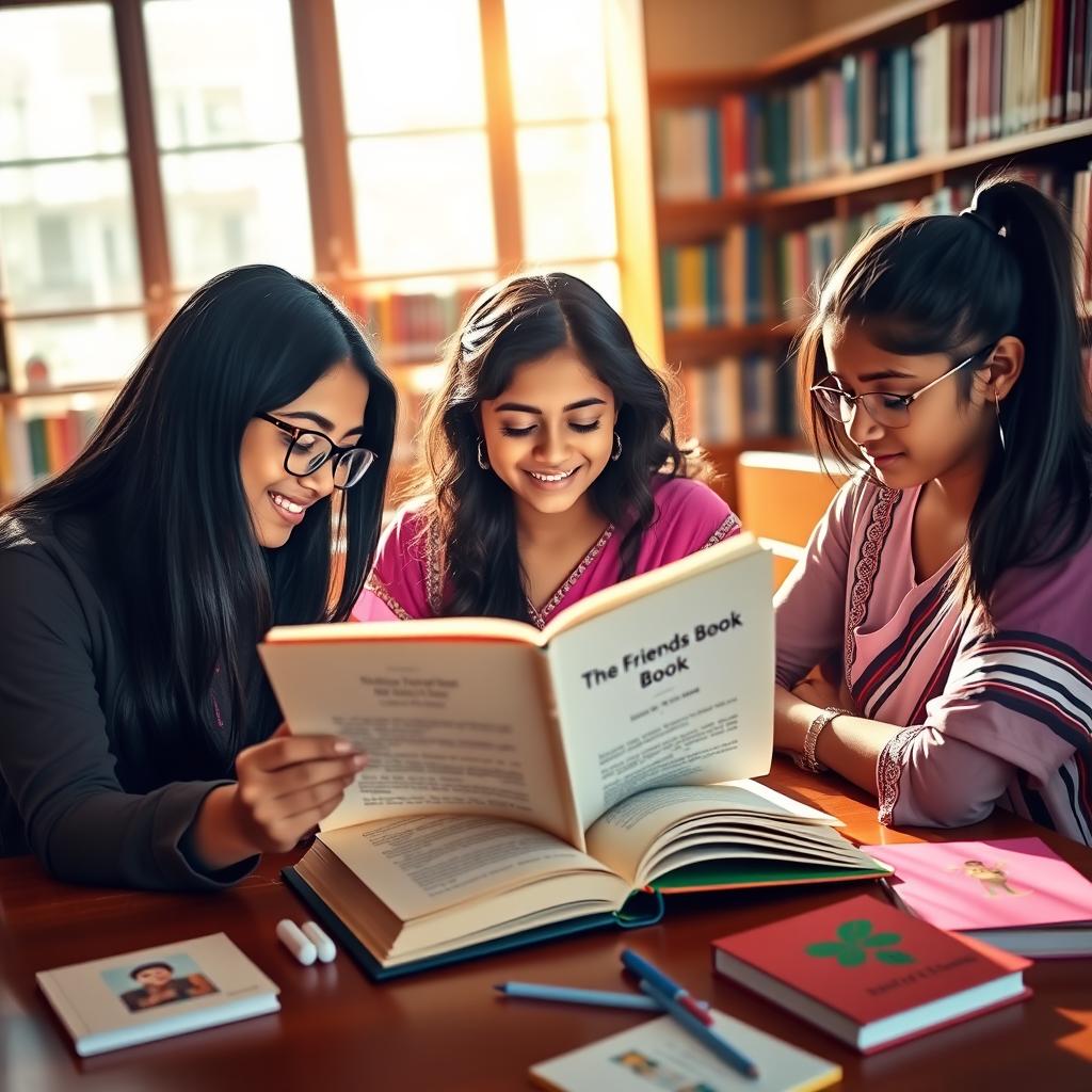 Three Indian girls intensely reading a book titled 'The Friends Book' inside a vibrant college library