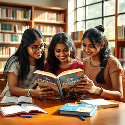 Three Indian girls intensely reading a book titled 'The Friends Book' inside a vibrant college library