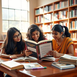 Three Indian girls intensely reading a book titled 'The Friends Book' inside a vibrant college library