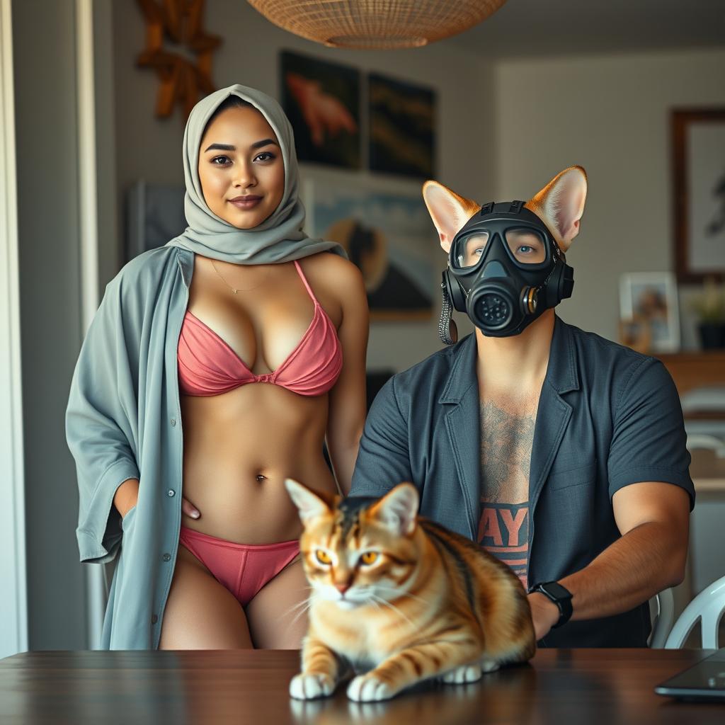 A 35-year-old woman wearing a two-piece bikini and a hijab, showcasing a blend of modesty and modern style, standing confidently next to a man sitting at a table with a cat in front of him