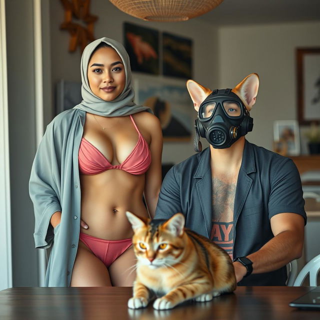 A 35-year-old woman wearing a two-piece bikini and a hijab, showcasing a blend of modesty and modern style, standing confidently next to a man sitting at a table with a cat in front of him