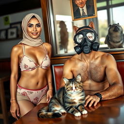 A 35-year-old woman wearing a two-piece bikini and a hijab, showcasing a blend of modesty and modern style, standing confidently next to a man sitting at a table with a cat in front of him