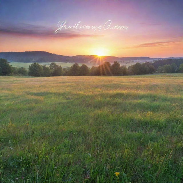 A scenic sunrise over a peaceful meadow, with dew glistening on the grass. A handwritten 'Good Morning' message floats in the vividly colorful sky.