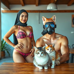 A 35-year-old woman wearing a two-piece bikini and a hijab, showcasing a blend of modesty and modern style, standing confidently next to a man sitting at a table with a cat in front of him