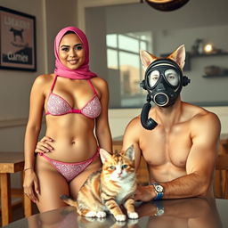 A 35-year-old woman wearing a two-piece bikini and a hijab, showcasing a blend of modesty and modern style, standing confidently next to a man sitting at a table with a cat in front of him