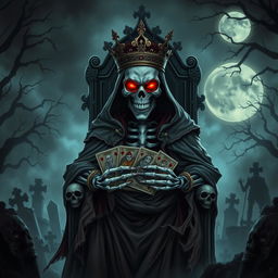 A dramatic illustration of a Skeleton King holding a deck of cards, adorned in a tattered royal cloak and elaborate crown, with glowing red eyes