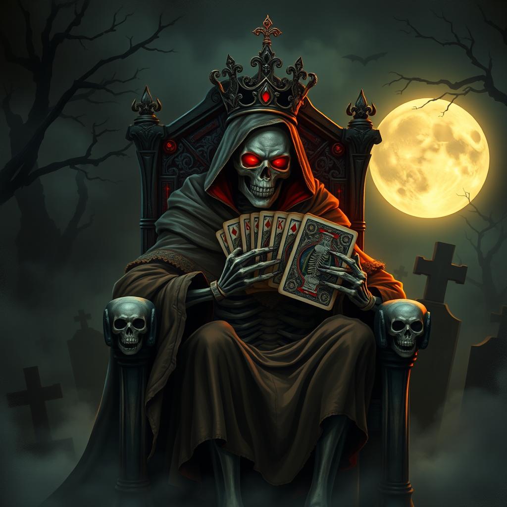 A dramatic illustration of a Skeleton King holding a deck of cards, adorned in a tattered royal cloak and elaborate crown, with glowing red eyes