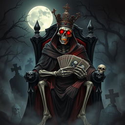 A dramatic illustration of a Skeleton King holding a deck of cards, adorned in a tattered royal cloak and elaborate crown, with glowing red eyes