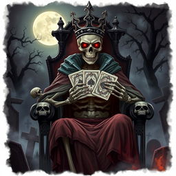 A dramatic illustration of a Skeleton King holding a deck of cards, adorned in a tattered royal cloak and elaborate crown, with glowing red eyes