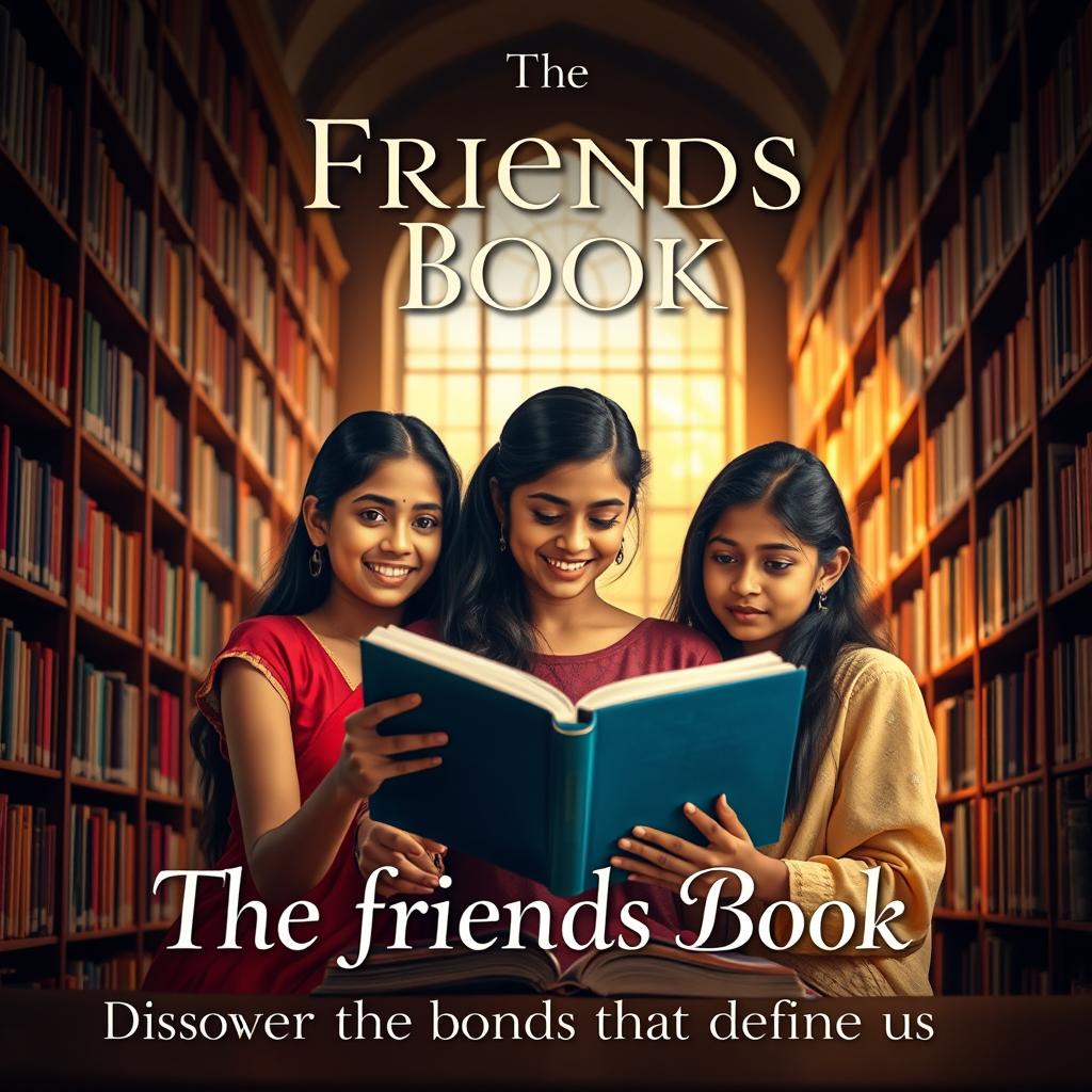 A cinematic book poster featuring three Indian girls deeply engrossed in reading a book titled 'The Friends Book' within a college library