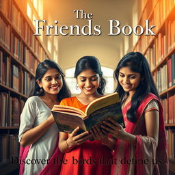 A cinematic book poster featuring three Indian girls deeply engrossed in reading a book titled 'The Friends Book' within a college library