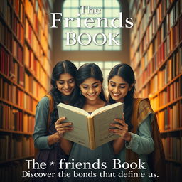 A cinematic book poster featuring three Indian girls deeply engrossed in reading a book titled 'The Friends Book' within a college library