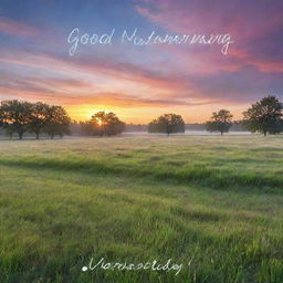 A scenic sunrise over a peaceful meadow, with dew glistening on the grass. A handwritten 'Good Morning' message floats in the vividly colorful sky.