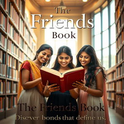 A cinematic book poster featuring three Indian girls deeply engrossed in reading a book titled 'The Friends Book' within a college library