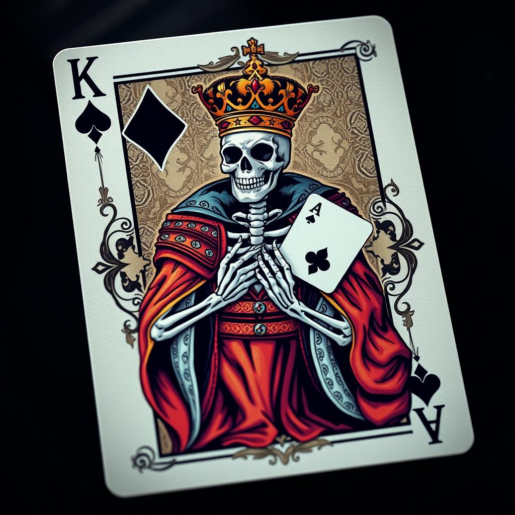 A creatively designed King card from a poker deck featuring a vivid illustration of a Skeleton King