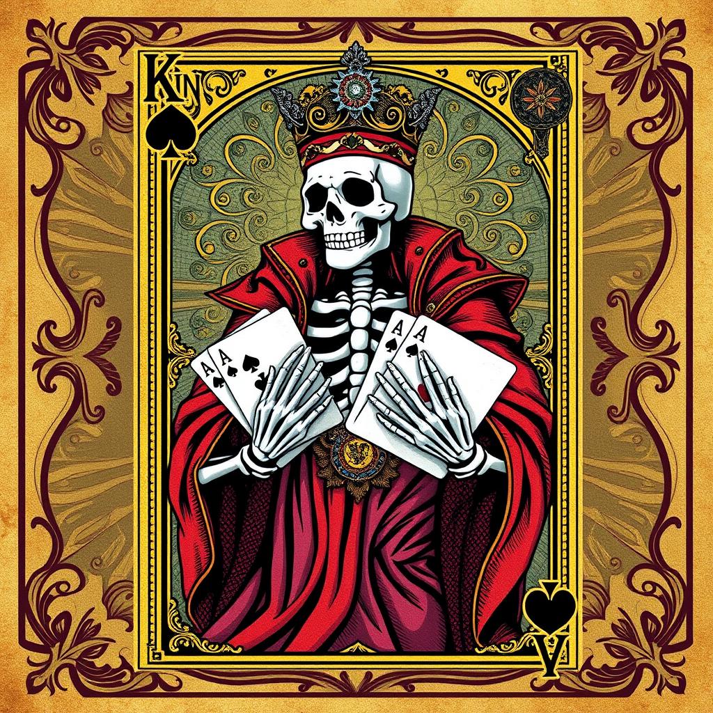 A creatively designed King card from a poker deck featuring a vivid illustration of a Skeleton King