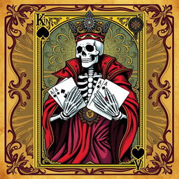 A creatively designed King card from a poker deck featuring a vivid illustration of a Skeleton King