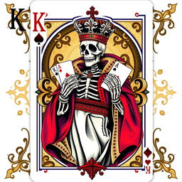 A creatively designed King card from a poker deck featuring a vivid illustration of a Skeleton King