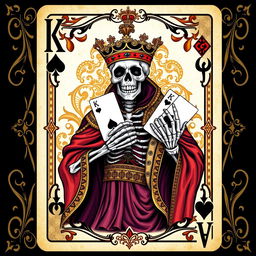 A creatively designed King card from a poker deck featuring a vivid illustration of a Skeleton King