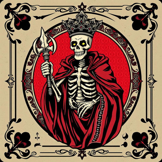 A stylized King playing card featuring a striking illustration of a skeletal figure as the king