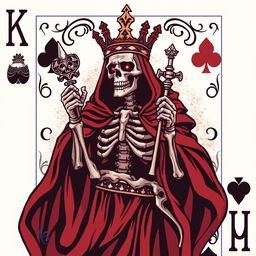 A stylized King playing card featuring a striking illustration of a skeletal figure as the king