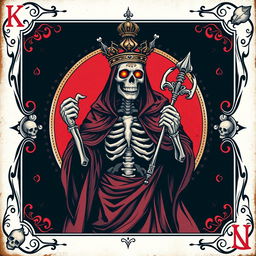 A stylized King playing card featuring a striking illustration of a skeletal figure as the king