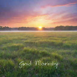 A scenic sunrise over a peaceful meadow, with dew glistening on the grass. A handwritten 'Good Morning' message floats in the vividly colorful sky.