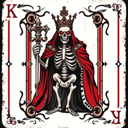 A stylized King playing card featuring a striking illustration of a skeletal figure as the king