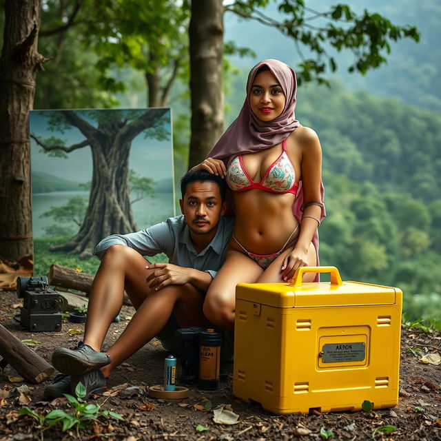 A 35-year-old woman wearing a two-piece bikini swimsuit and a hijab, embodying Islamic vibes