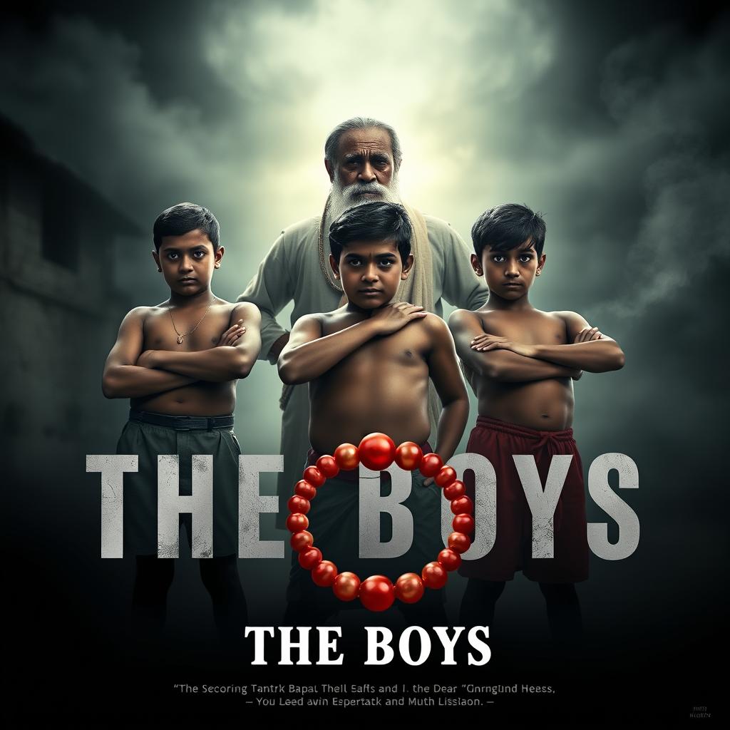 A striking cinematic film poster titled 'The Boys' featuring three Indian boys standing in a powerful pose reminiscent of Gandhi's three monkeys