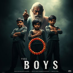 A striking cinematic film poster titled 'The Boys' featuring three Indian boys standing in a powerful pose reminiscent of Gandhi's three monkeys