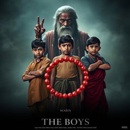 A striking cinematic film poster titled 'The Boys' featuring three Indian boys standing in a powerful pose reminiscent of Gandhi's three monkeys