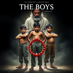 A striking cinematic film poster titled 'The Boys' featuring three Indian boys standing in a powerful pose reminiscent of Gandhi's three monkeys