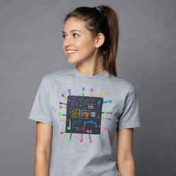 Generate a neon artsy design on the back of a gray t-shirt aimed at electronics engineering, integrated with cute sticker-like elements. These elements could include mini caricatures of electronic components, or other tech-related 'stickers' glowing in neon.