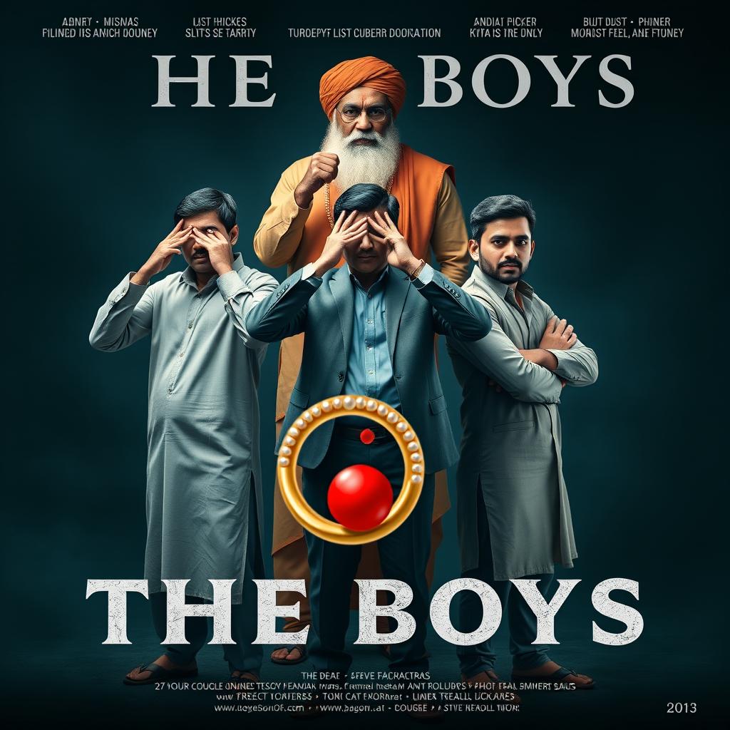 A captivating cinematic film poster titled 'The Boys', showcasing three 27-year-old Indian men standing in a powerful pose akin to Gandhi's three monkeys