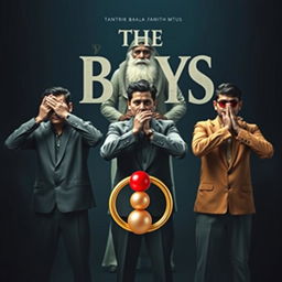 A captivating cinematic film poster titled 'The Boys', showcasing three 27-year-old Indian men standing in a powerful pose akin to Gandhi's three monkeys