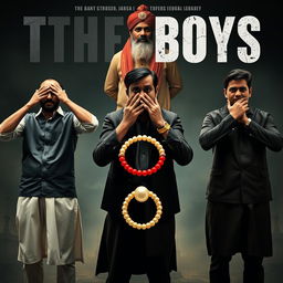 A captivating cinematic film poster titled 'The Boys', showcasing three 27-year-old Indian men standing in a powerful pose akin to Gandhi's three monkeys