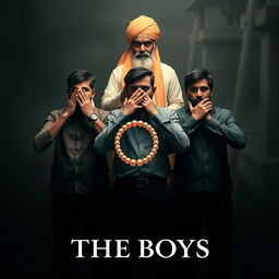 A captivating cinematic film poster titled 'The Boys', showcasing three 27-year-old Indian men standing in a powerful pose akin to Gandhi's three monkeys