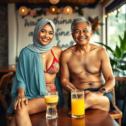 A 35-year-old woman wearing a stylish two-piece bikini and a hijab, embracing a blend of modern swimwear with Islamic vibes