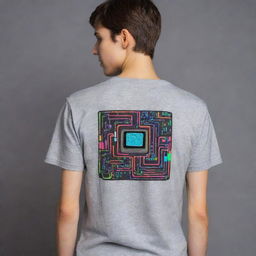 Generate a neon artsy design on the back of a gray t-shirt aimed at electronics engineering, integrated with cute sticker-like elements. These elements could include mini caricatures of electronic components, or other tech-related 'stickers' glowing in neon.