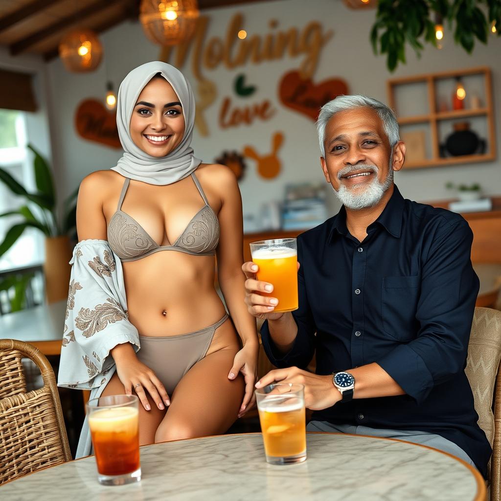 A 35-year-old woman wearing a stylish two-piece bikini and a hijab, embracing a blend of modern swimwear with Islamic vibes