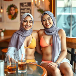 A 35-year-old woman wearing a stylish two-piece bikini and a hijab, embracing a blend of modern swimwear with Islamic vibes